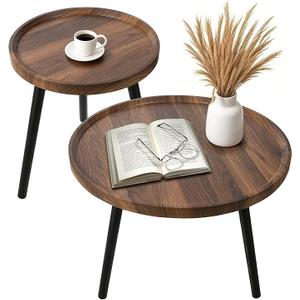 Nesting Coffee Table Set of 2, Modern Round Coffee Tables Nesting Side Table Set, Easy Assembly Nesting Tables for Living Room, Walnut Wood End Tables for Home Office Yard