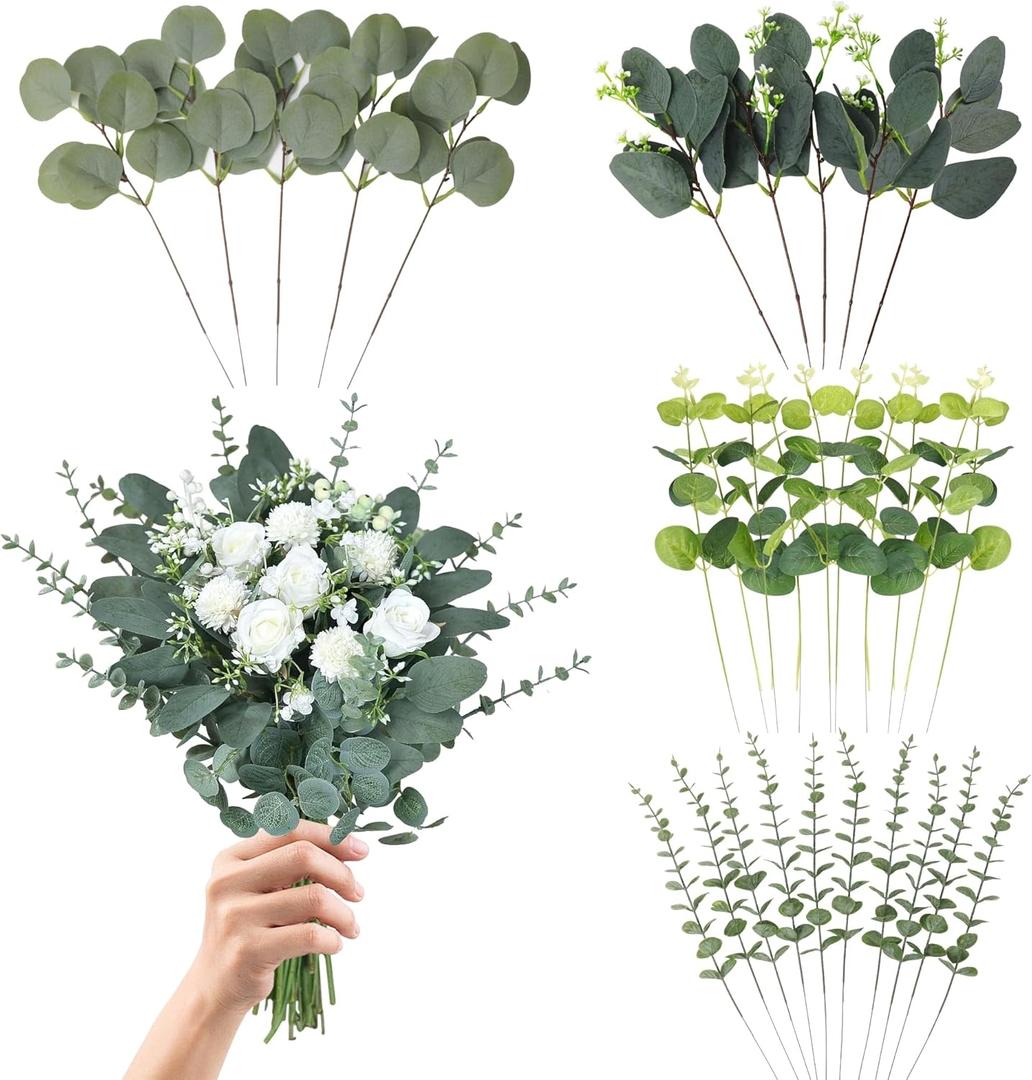 Eucalyptus Leaves Stems 30 PCS, 4 Kinds Mixed Artificial Greenery Stems for Wedding Decor Vase Floral Arrangement Centerpiece