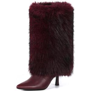 3.3-inch Kitten Heel Mid Calf Fur Boots Furry Fuzzy Fluffy Pointed Toe Boots for Women Short Boot with Side Zipper Fall Winter Snow Fold Over (7.5, Wine)
