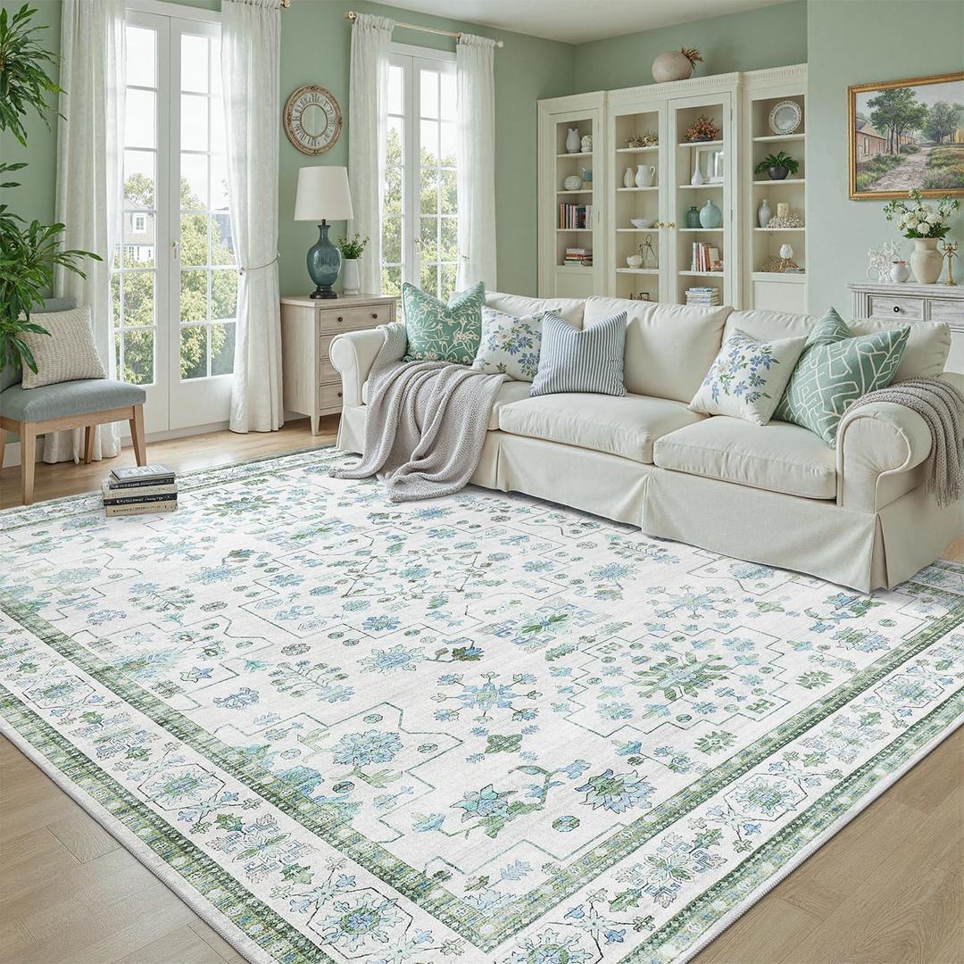 DCX 4x6 Washable Rug Vintage Accent Boho Rug 4x6 Non Slip Stain Resistant Low Pile Distressed Floor Carpet for Entry, Living Room, Bedroom, Kitchen, Bathroom Blue and Green