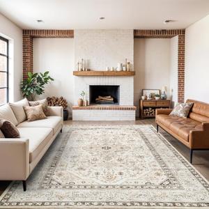 Washable Area Rug 9x12 - Bedroom Living Room Large Indoor Rugs Soft Oriental Vintage Rugs Non-Slip Backing Stain Resistant for Farmhouse Kitchen (9x12 Ivory/Multi)