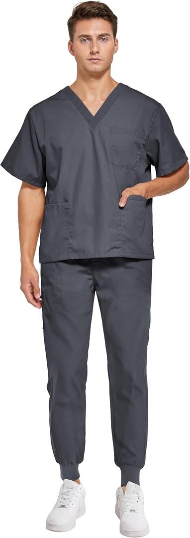 VOGRYE Men's Scrub Set Stretch V-Neck Top Jogger Pants with 8 Pockets Moisture Wicking Anti-Wrinkle Medical Scrubs, M