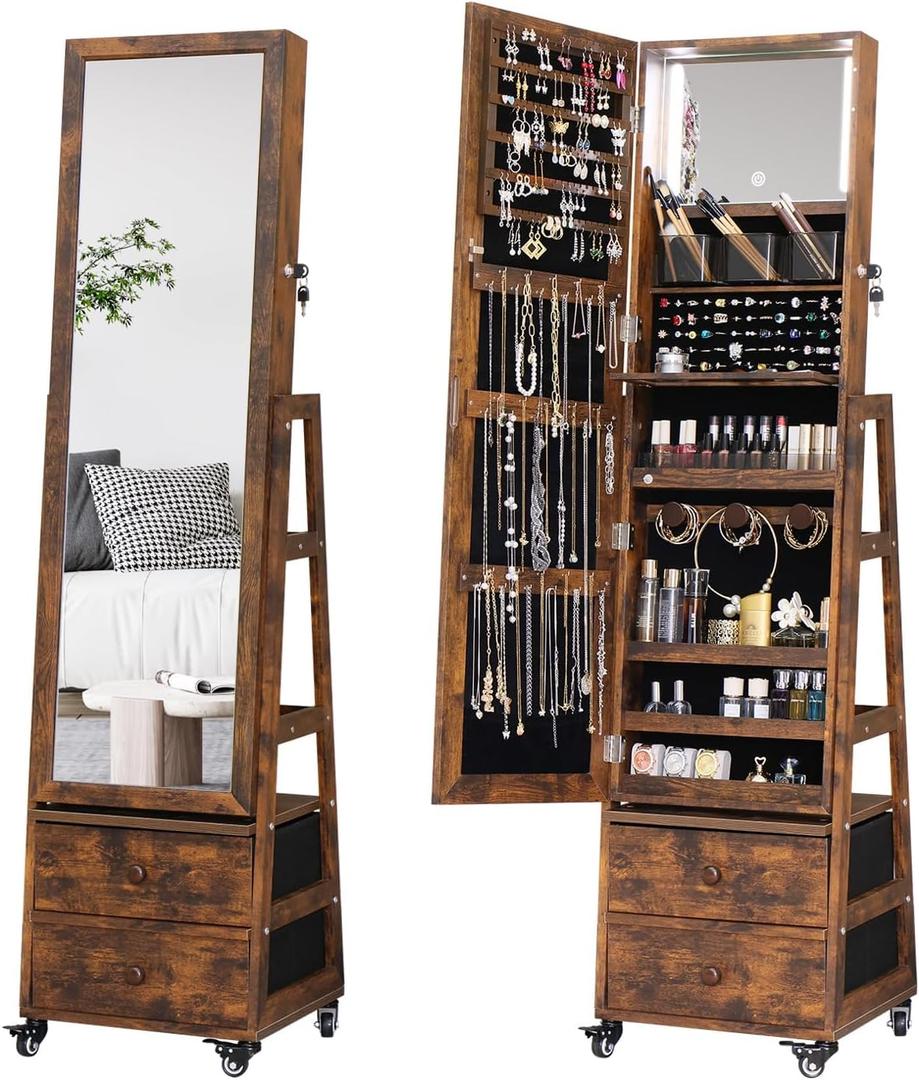 Rotating Jewelry Cabinet with Vanity Mirror,Full Length Mirror with Storage Jewelry Armoire Lockable Jewelry Organizer Standing Mirror with Drawers Wheels Christmas Gift for Girl Rustic Brown