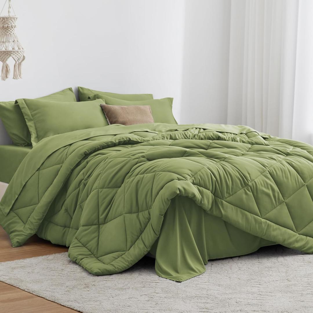 Love's cabin Full Comforter Set Olive Green, 7 Pieces Full Bed in a Bag, All Season Bedding Sets with 1 Comforter, 1 Flat Sheet, 1 Fitted Sheet, 2 Pillowcase and 2 Pillow Sham