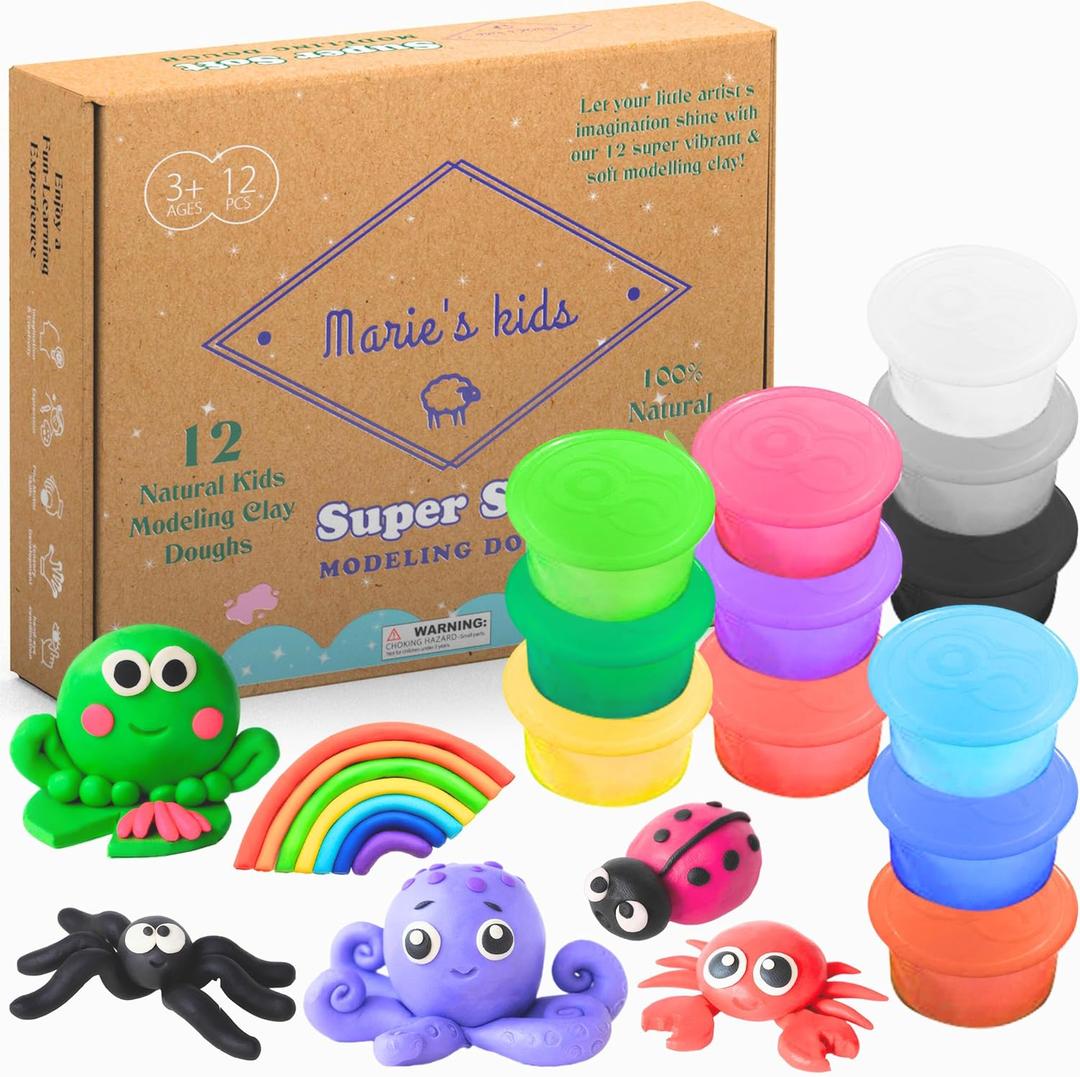 Modeling Clay for Kids - 12 Super Soft & 100% Natural Doughs Made from Wheat Flour - 100g Per Can of Reusable & Vibrant Clay Modeling Kit for Ages 3+ by Maries Kids