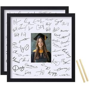 eletecpro 14x14 Signable Picture Frame with Real Glass Cover and Metal Pen, Signature Photo Frame with Mat Display 5x7 Photo for Wall, Graduation Decoration and Wedding, Black, 2Pack