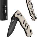 FLISSA Folding Pocket Knife with Clip, Glass Breaker and Seatbelt Cutter, Survival Knife for Emergency Rescue Situations, EDC Knife for Tactical, Hunting, Camping, Outdoor, Unique Gifts for Dad, Father (Desert Tan)