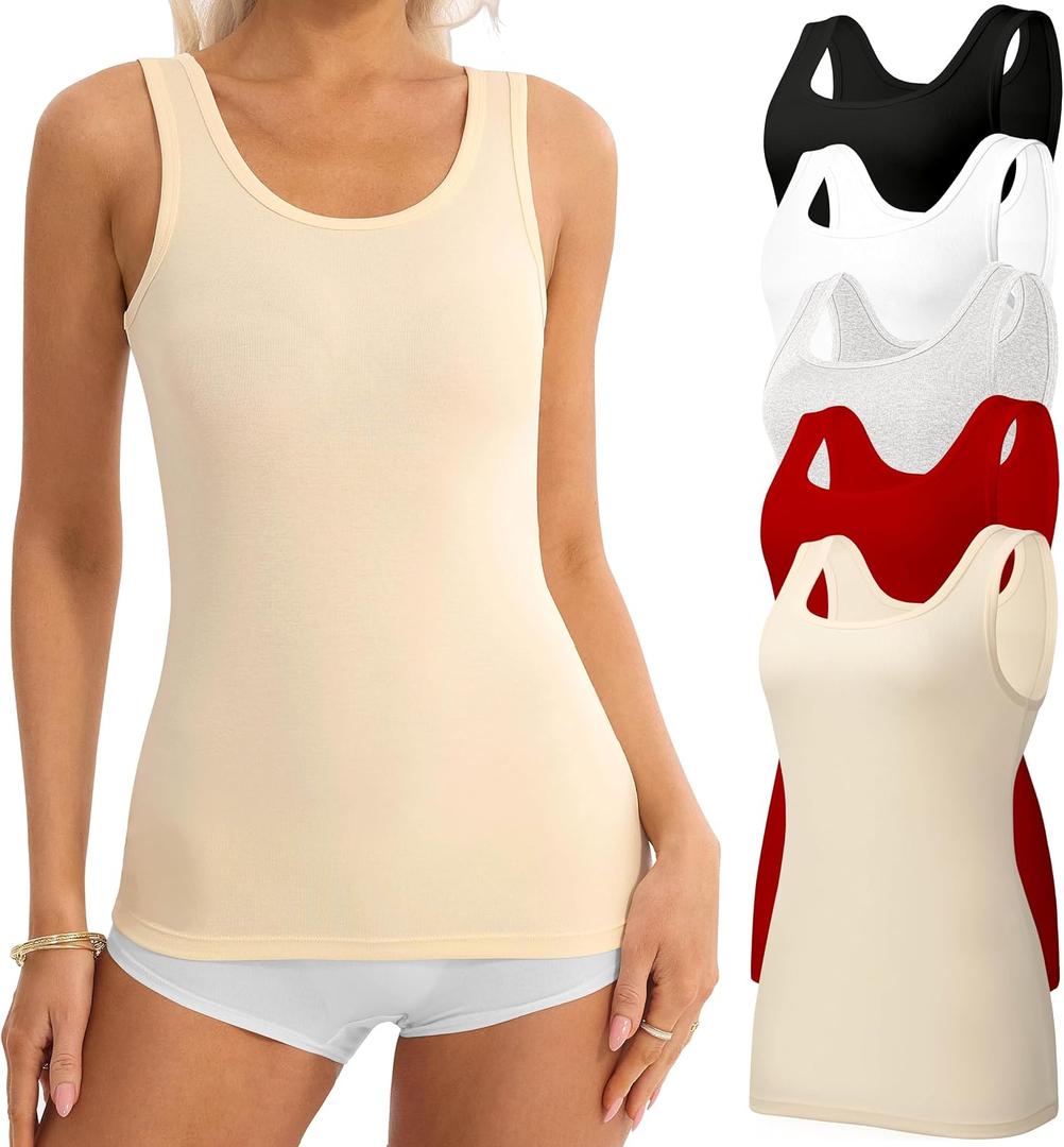 5 Pack Tank Tops for Women Cotton Undershirts Slim Fit Scoop Neck Basic Tanks Sleeveless Wide Strap Layering Top (L)