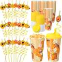 Yungyan 36 Sets Honey Bee Party Favors Goodie Cups with Lids and Straws for Birthday Decorations Reusable 16oz Plastic Candy Cups Plastic Straws for Birthday Party(Bee)
