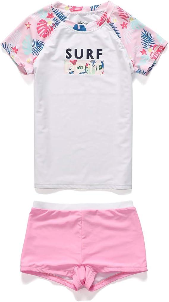 PHIBEE Girls' Short Sleeve Rash Guard Set UPF 50+ Sun Protection Two-Piece Swimwear 10