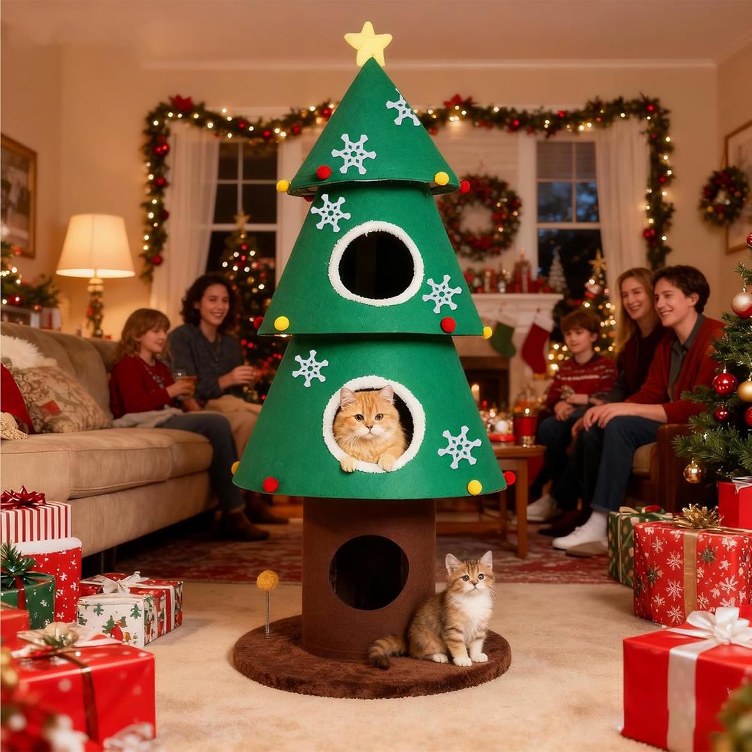 Christmas Cat Tree with 3 Cat Houses, 59 inch Cat Tower for Indoor Cats, Cat Furniture with Teaser Toy for Christmas Decoration