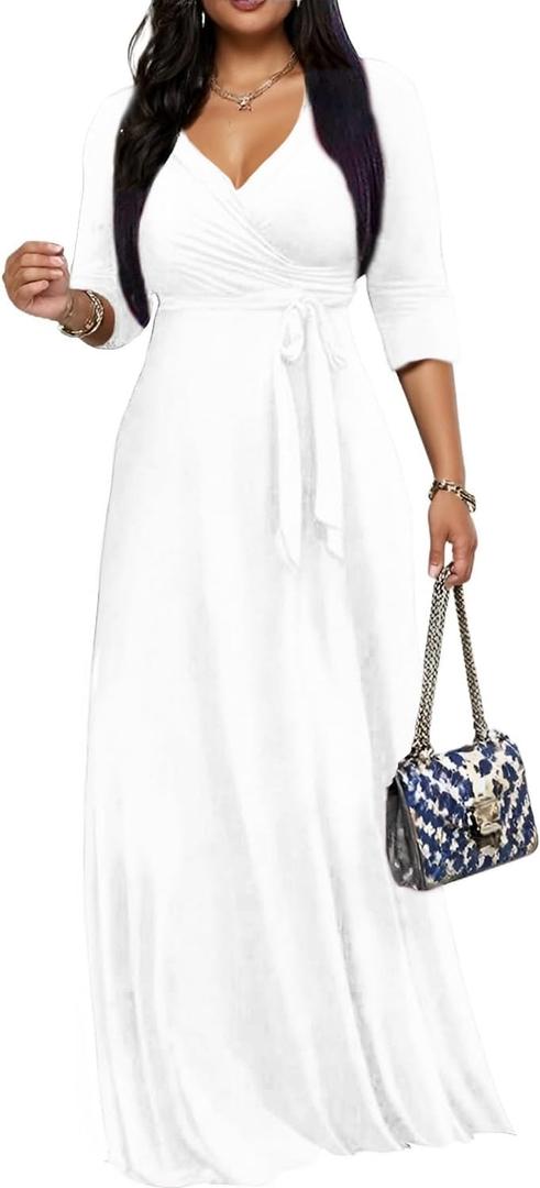 Maxi Dresses for Women Long Dress Casual V-Neck Loose Prom Dresses All Seasons (XX-Large, White6407)