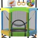 60" Trampoline for Kids, Twinkoo 5FT Fortified Toddler Trampolines with Anti-Rollover Bottom, Indoor/Outdoor Toddler Trampoline with Safety Enclosure, Adjustable Gymnastics Bars, Basketball Hoop (Green+Blue+Yellow)