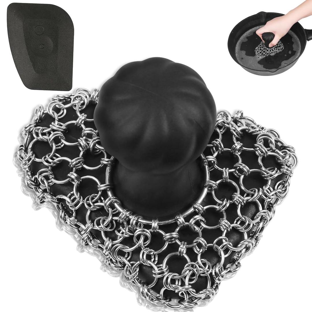 Cast Iron Scrubber with Handle 316 Dish Cast Cleaner Chainmail Scrubber for Pan Skillet Iron Scrub Brush Steel Wool Scrubber Cleaning Kit (1 Scrub + 1 Scraper) (Black 02)