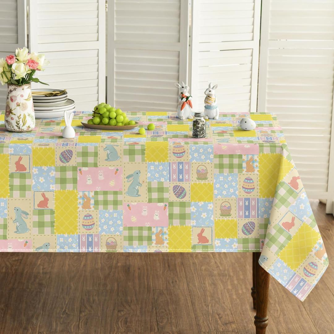 Horaldaily Easter Tablecloth 60x120 Inch Rectangular, Patching Style Easter Eggs Bunny Rabbits Flowers Basket Plaid Washable Seasonal Table Cover for Party Picnic Dinner Decor (Yellow)