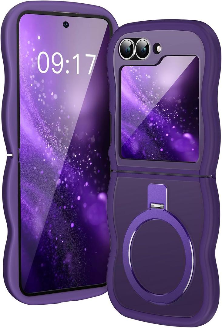 [Magnetic Stand & Wave Frame] Case for Samsung Galaxy Z Flip 6/5 [Fit for MagSafe] [Military Drop Protective] Not Yellowing Translucent Z Flip 6/5 Phone Ring Cover for Women Men 6.7" Purple