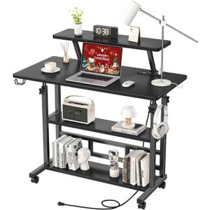 Adjustable Height Standing Desk with Power Outlets, Rolling Stand Up Desk with Monitor Stand and Storage Shelves, 31.5" Small Mobile Computer Desk, Portable Laptop Table (Black with Monitor Stand)