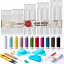 250 PCS Big Eye Steel Sewing Needles Kit, Stainless Steel for Hand Sewing with 12 Colors Thread, Sewing Edge Guide (3mm/4mm), Seam Ripper, Thimble, and Measuring Tape