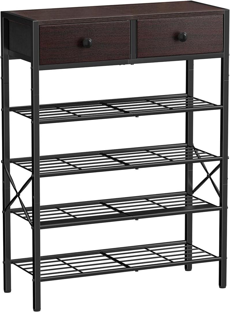 Shoe Rack for Entryway, 5 Tier Shoe Organizer with 2 Non-Woven Drawers, Metal Storage Shoe Shelf for 16-20 Pairs of Shoes, with Wooden Top and Steel Frame, Shoe Stand for Closet Dark Brown