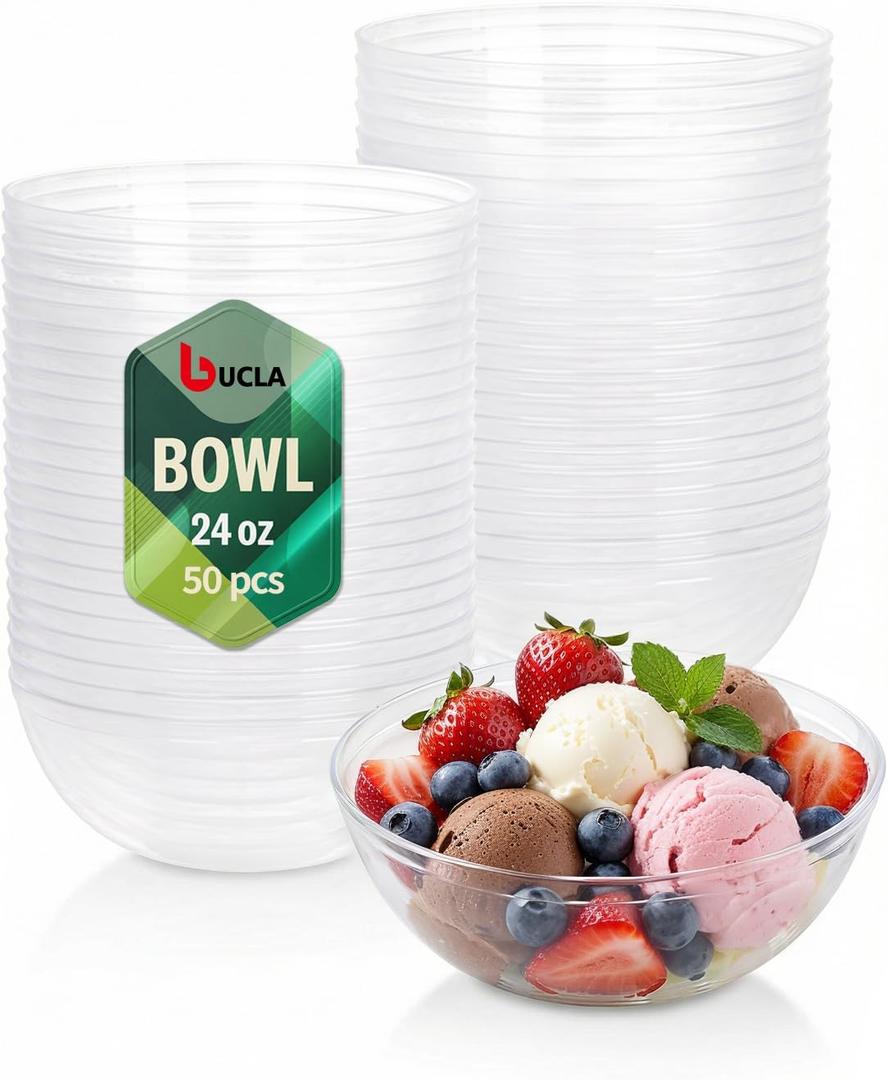 bUCLA 50 Pack Clear Plastic Serving Bowls - 24oz Disposable Salads, Cereal, Fruit, Dessert & Soup Bowls for Wedding & Party