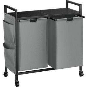 WOWLIVE Double Laundry Hamper with Lid,Rolling Laundry Basket Organizer with Wheels, Iron-Made Laundry Sorter with Top Shelf and 2 Removable Bags,Large Clothes Storage for Room,Gray