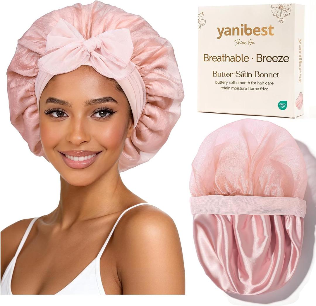 YANIBEST Breathable Soft Silk Bonnet for Sleeping, Breeze Satin Bonnet with Tie Band Hair Wrap Less Frizz Natural Curly Hair (Pink)