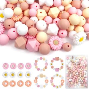 150 Pcs Boho Daisy Silicone Beads Bulk Set, 12mm & 15mm Round, 14mm Hexagon, 20mm Daisy, 4 Colors Pink Flower Loose Silicone Focal Beads for Necklace Bracelet Pens Making
