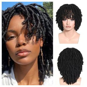 Dreadlock Wig, Short Braided Wigs for Black Women, Synthetic Dreads Wig with Bangs, Glueless Afro Curly Wig Natural Dreads Loc for Daily and Party (Black)