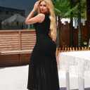 GOKATOSAU Women's Sleeveless Round Neck Full Ruched Bodycon Mesh Ruffle Hem Long Maxi Dress Black (Black, S)
