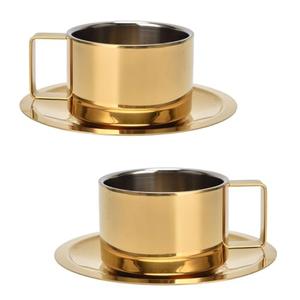 Beufee 2Pcs Espresso Cups and Saucers Set, Coffee Cup and Saucer Set Gold Coffee Mug Stainless Steel Demitasse Cups Exquisite Luxury Small Coffee Containers for Latte Cappuccino Tea, 200ML
