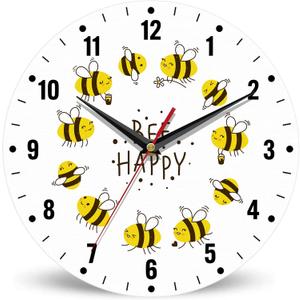 SPUNKER Wall Clock,Cute Honey Bees Kitchen Wall Clock,Bee Happy Clocks 10 Inch Silent Non-Ticking Wall Battery Operated for Living Room Bedroom Bathroom Laundry Room Decor