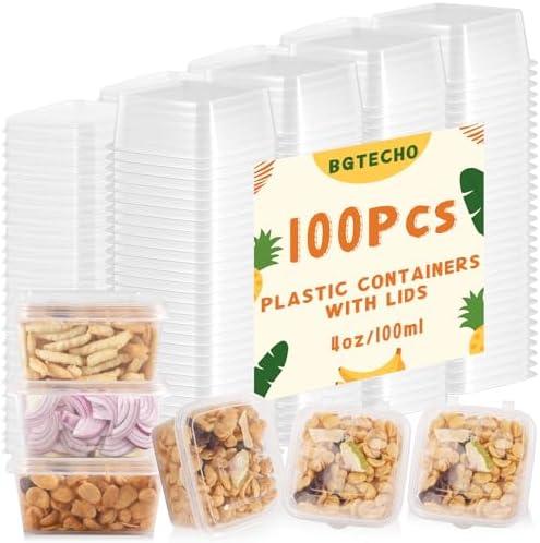 100 Pack Square Sauce Cup with Hinged Lids,4 oz Plastic Souffle Cups,Disposable Clear Leak Proof Portion Cups for Various Sauces Food Samples Condiment Storage Crafts (4oz)