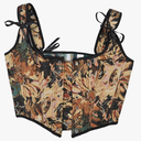 Women Vintage Floral Print Vest Flower Embroidery Pattern Tight Drawstring Tie-up Tank Bustier Corset