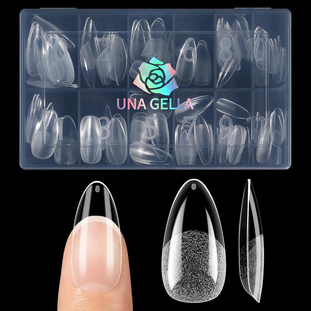 UNA GELLA Medium Almond Nail Tips, 12 Sizes Gel Nail Tips Almond Shape, 120Pcs Pre-file Soft Gel Nails Tips Clear Acrylic Fake Nails Full Cover Nails Tips for Nail Extensions DIY Salon Long Lasting