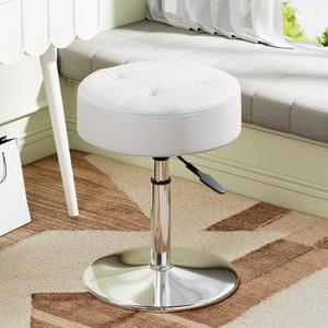 Vanity Stool with Adjustable Height, 360Swivel Ottoman Chair for Adults, Round Padded Makeup Stool with Stable Support for Vanity Bedroom, Bathroom, Dorm, White