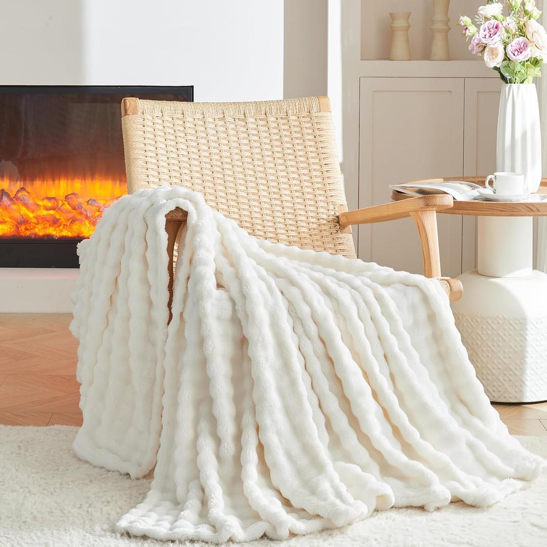 3D Bubble Plush Blanket Textured Fleece Throw Soft Warm Cozy Blanket Couch Bed Throw Snow White 50x60 Inches