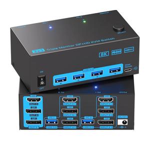 KVM Switch 3 Monitors 2 Computers, Reyoten 8K60Hz KVM Switches,3 Monitors 2 Computers HDMI DP Switch, 4K144Hz Switch for 2 PCs Share Monitor Keyboard Mouse Printer with 2 USB Cables, Power Adapter