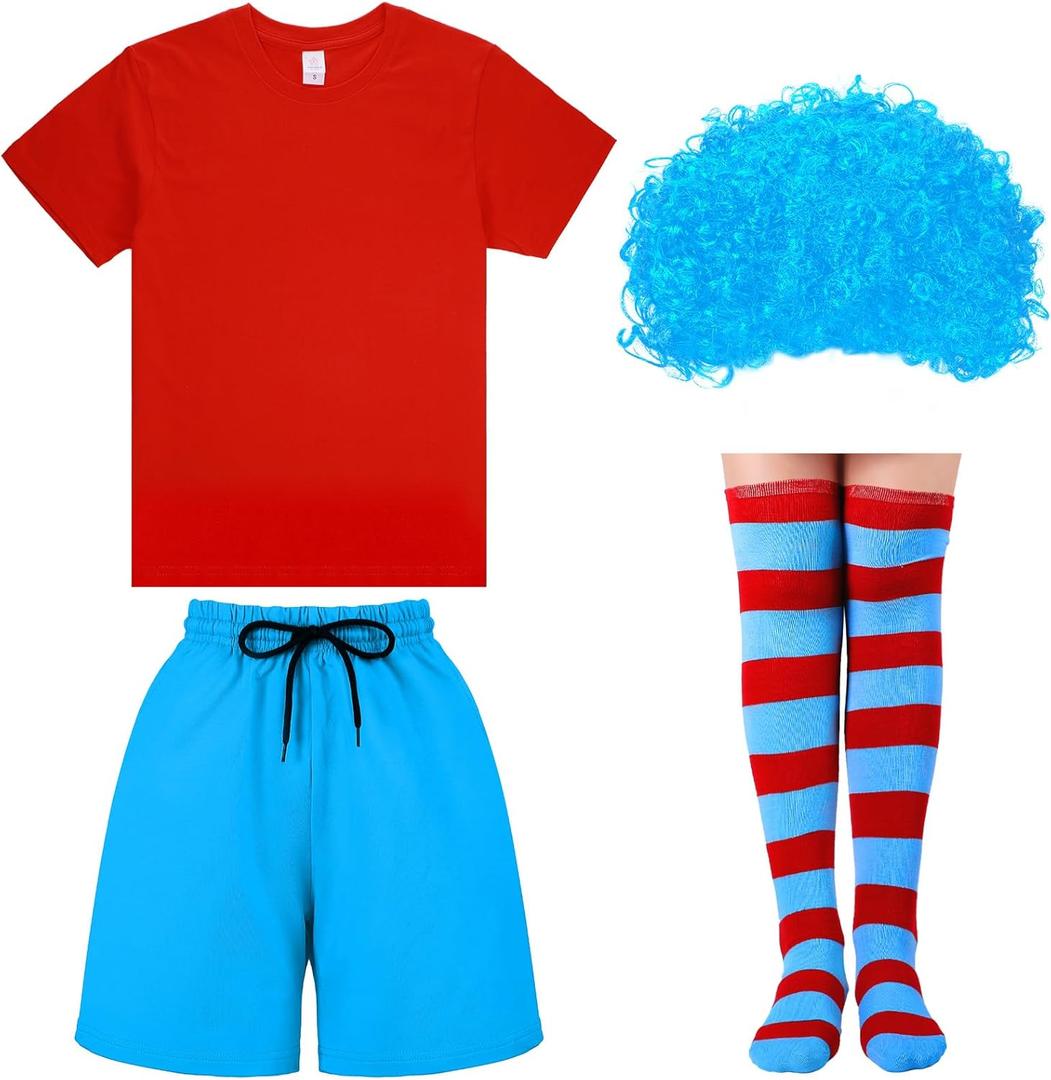 Maiteenly 4 Pcs Boys Red and Blue Costume Set, Red T shirt, Lake Blue Pants, Wig, Striped Stocking for Party Cosplay(Classic Color, 140 cm)