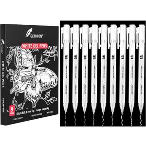 GETHPEN White Gel Pens,0.6mm 08mm 1.0mm Fine Point Opaque White Archival Ink Pen for Black Paper Drawing, Sketching, Illustration, Bullet Journaling, Pack of 9