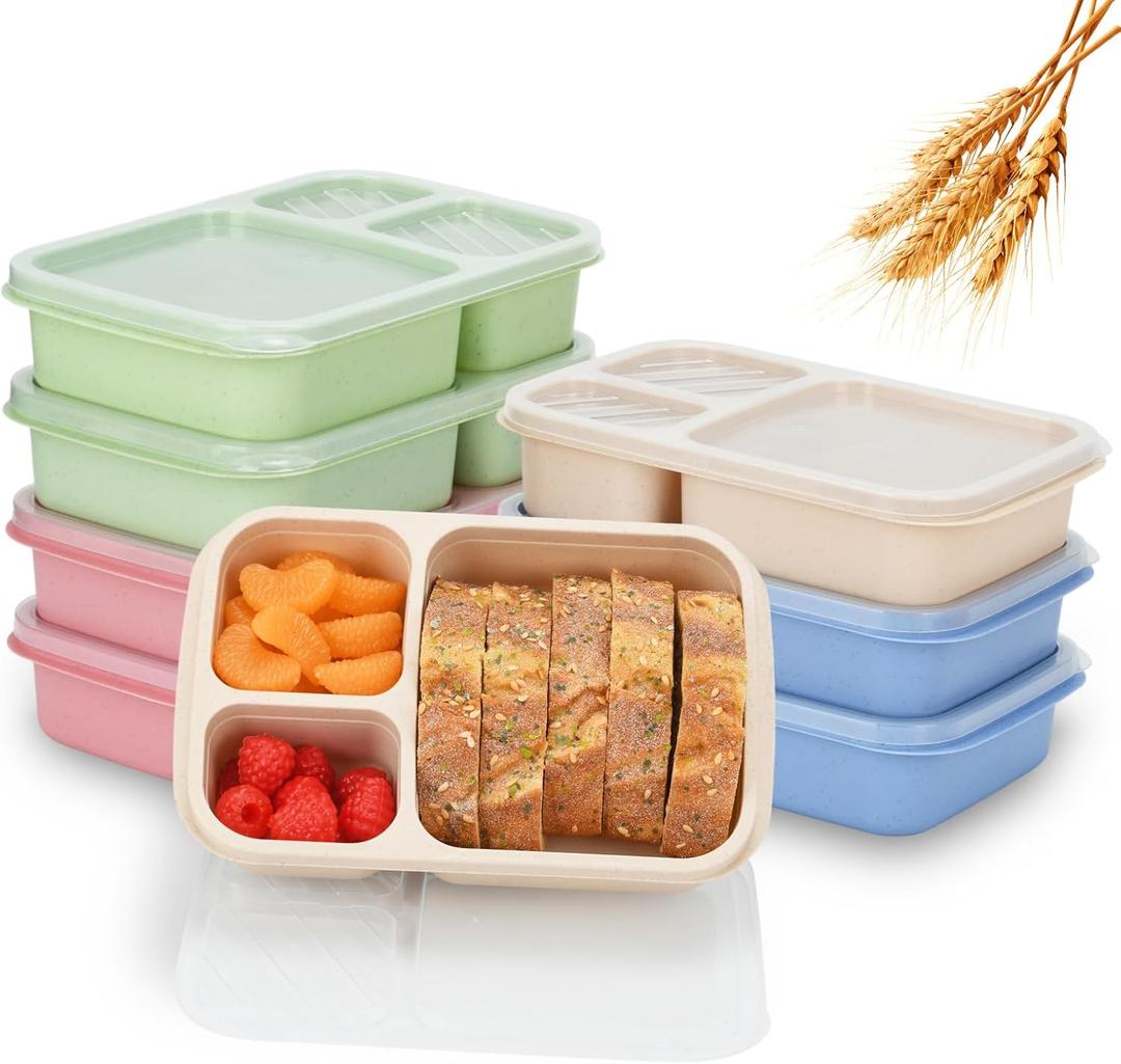 8-Pack 3 Compartment Meal Prep Containers with Lids, Wheat Straw Plastic, Microwave/Dishwasher/Freezer Safe, Stackable