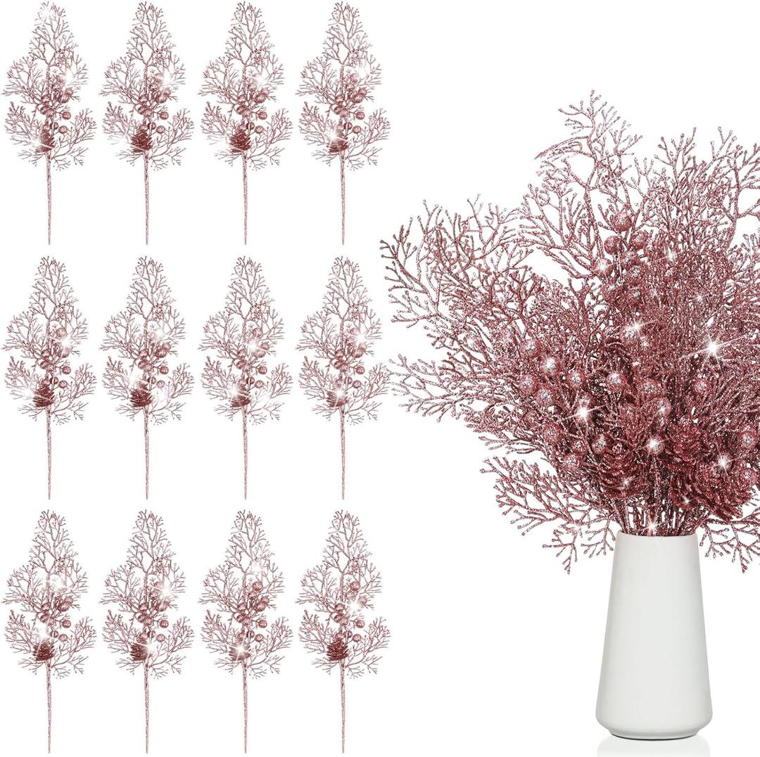Tigeen 12 Pcs Christmas Tree Picks Bulk Artificial Christmas Tree Filler Glitter Berries Stems Branches Floral Decorations 15.75'' Xmas Sprays Twigs Berry Picks for Vase (Rose Gold)