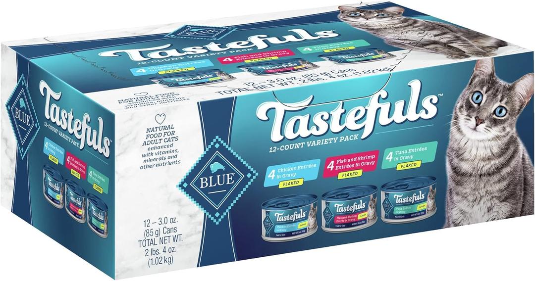 Blue Buffalo Tastefuls Flaked Wet Cat Food Variety Pack, Made with Natural Ingredients, Tuna, Chicken, Fish & Shrimp, 3-oz Cans (12 Count, 4 of Each) (3 Ounce (Pack of 12))