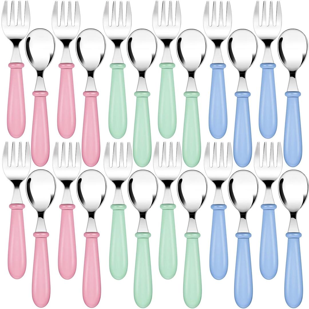 Honeydak 24 Pieces Toddler Utensils Kids Silverware Set Spoons and Forks with Round Handle Toddler Stainless Steel Kids Cutlery Spoons and Forks for Safe Dining Lunch Box Kitchen