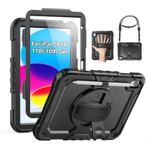 SEYMAC for iPad (A16) 11th/10th Generation Case 2025/2022 (11/10.9), Sturdy Heavy Duty Full-Body Shockproof Protective Case with Screen Protector, Rotating Stand, Hand/Shoulder Strap, Black