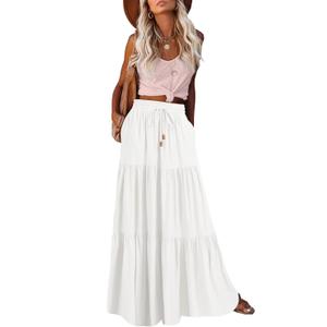HAEOF Women's Summer Boho Maxi Skirt A-Line Flowy Ruffle Tiered Elastic High Waist Beach Long Skirts with Pockets (White)