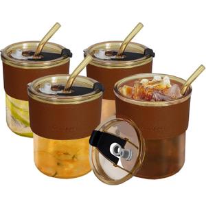 13oz Glass Tumbler with Lid and Straw Set of 4, Reusable Thickened Drinking Glasses for Iced Coffee, Tea, Leakproof & Insulated Cups, Amber