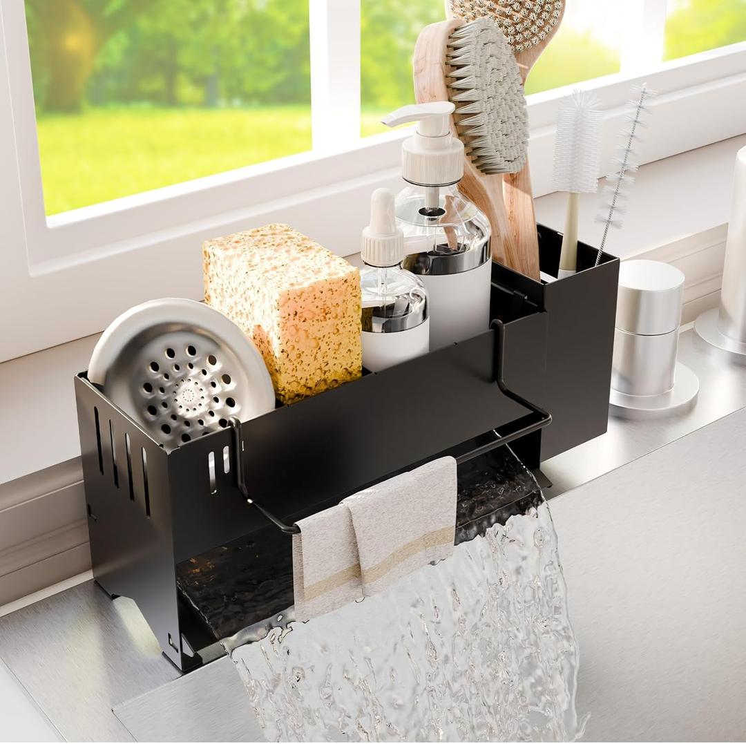 Sponge Holder for Kitchen Sink, Space-Saving Sink Caddy with Brush Holder, Kitchen Countertop Organizers and Storage Essentials, Rustproof & Slip Resistant (Black)
