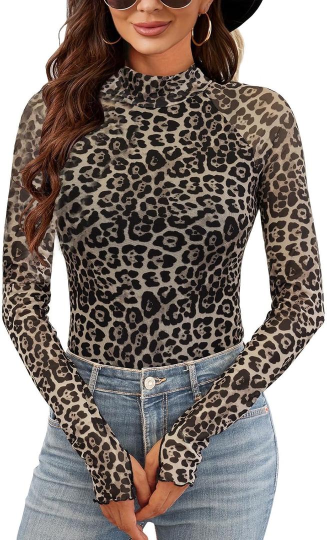Lace Long Sleeve Floral Mesh Top Mockneck Going Out Tops for Women Trendy Undershirt Fashion Outfits (XL)