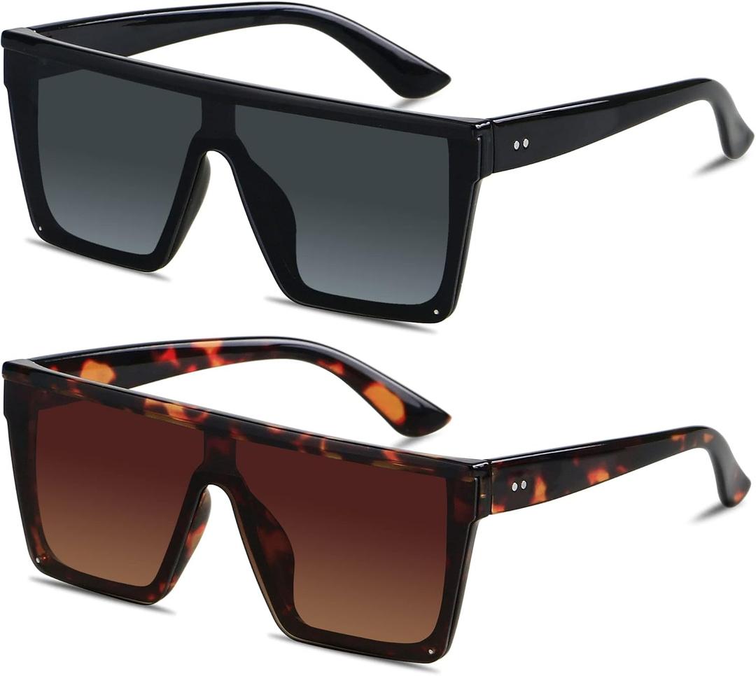 LYZOIT Square Oversized Sunglasses for Women Men Big Flat Top Fashion Shield Large UV Protection Rimless Shades ((2pack) Glossy Black + Tortoise)