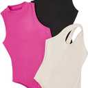 WDIRARA Women's 3 Pack Outfit Set Solid Color Sleeveless Casual Bodysuit Shirt (XL)